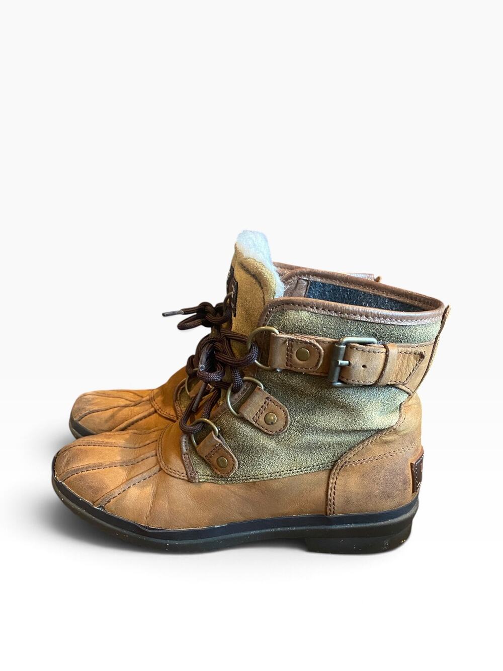 UGG Cecile Waterproof Duck Boots Womenโs 6.5 Brown Leather Wool Lined 1007999